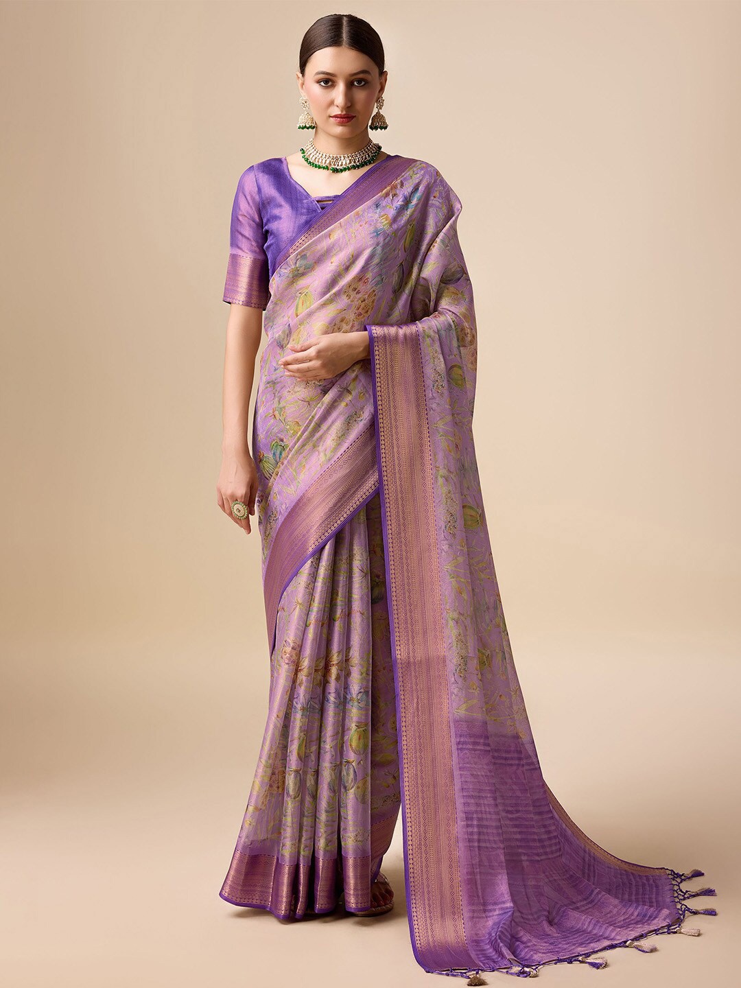 

Ishin Floral Printed Woven Design Zari Organza Saree, Purple