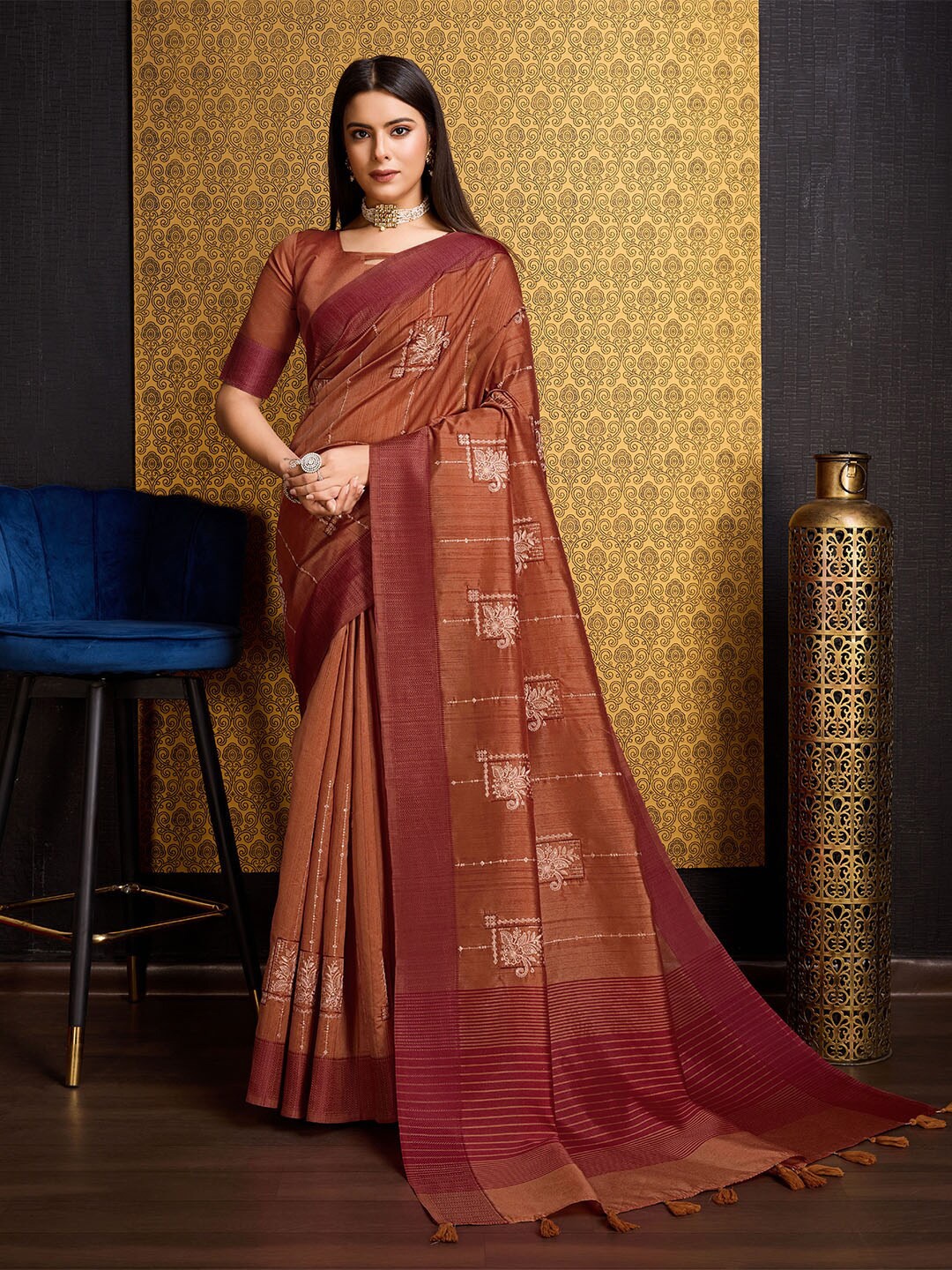 

Ishin Ethnic Motifs Embroidered Tussar Saree, Rust