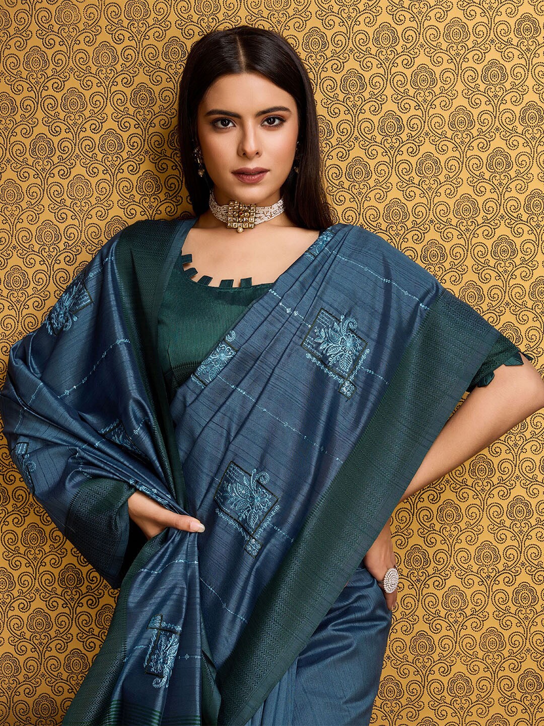 

Ishin Ethnic Motifs Embroidered Woven Design Tussar Saree, Teal