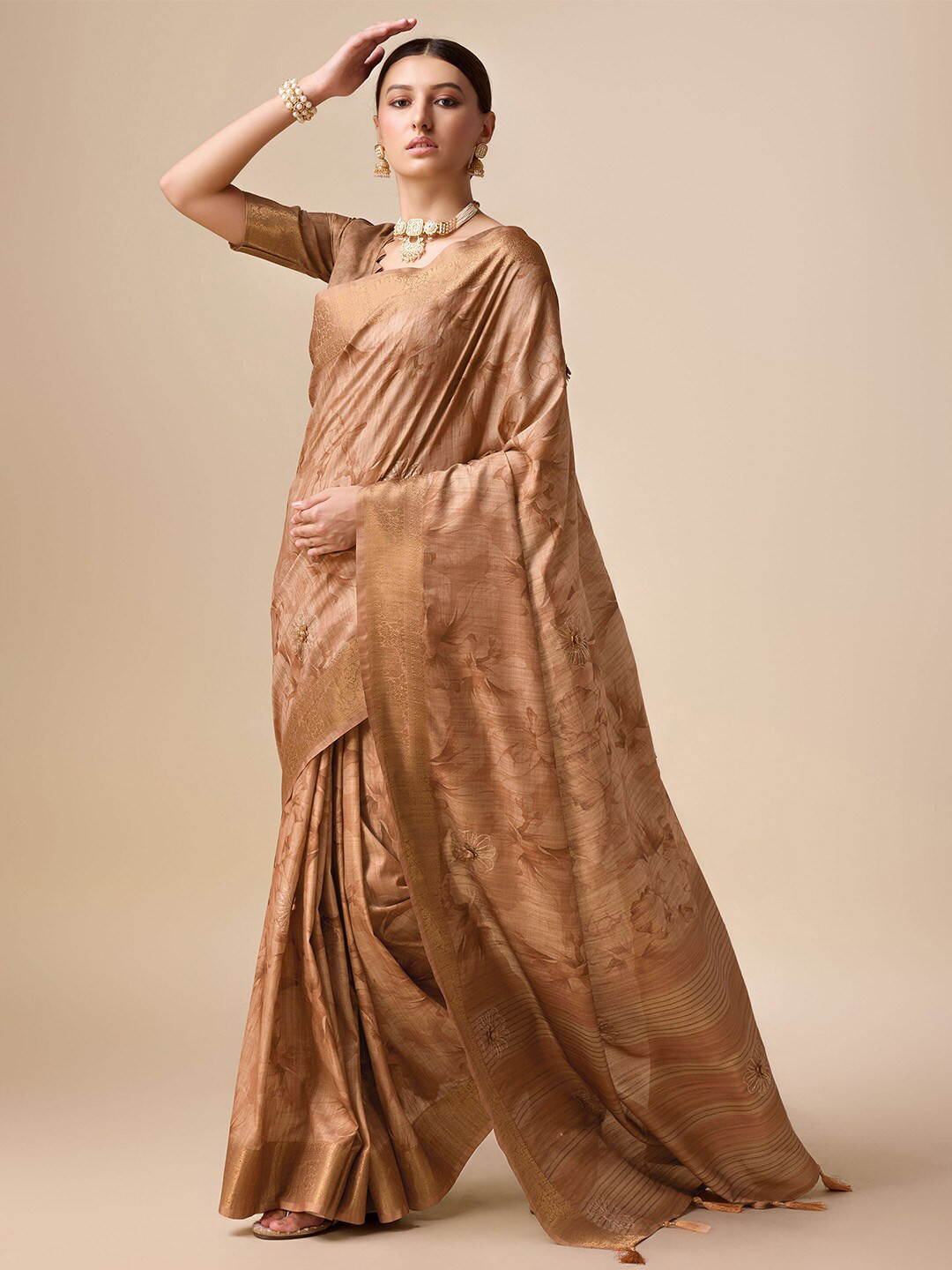 

Ishin Floral Printed Woven Design Zari Saree, Brown