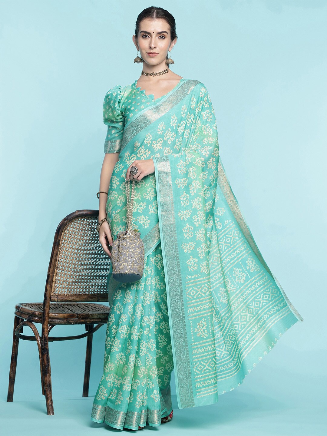 

Ishin Ethnic Motifs Printed Woven Design Zari Saree, Teal