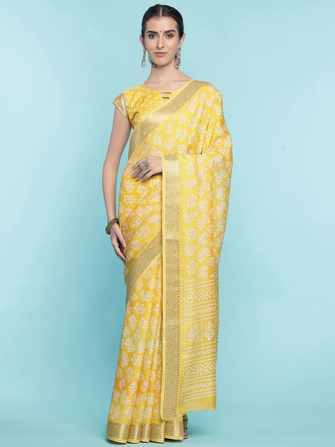 

Ishin Ethnic Motifs Printed Woven Design Zari Saree, Yellow