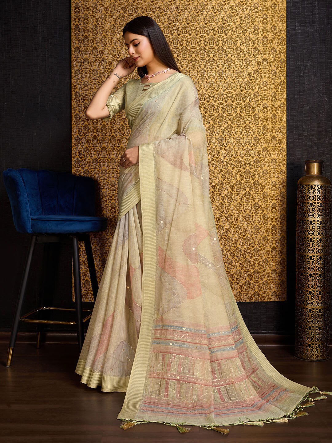 

Ishin Abstract Printed Woven Design Embroidered Organza Saree, Beige