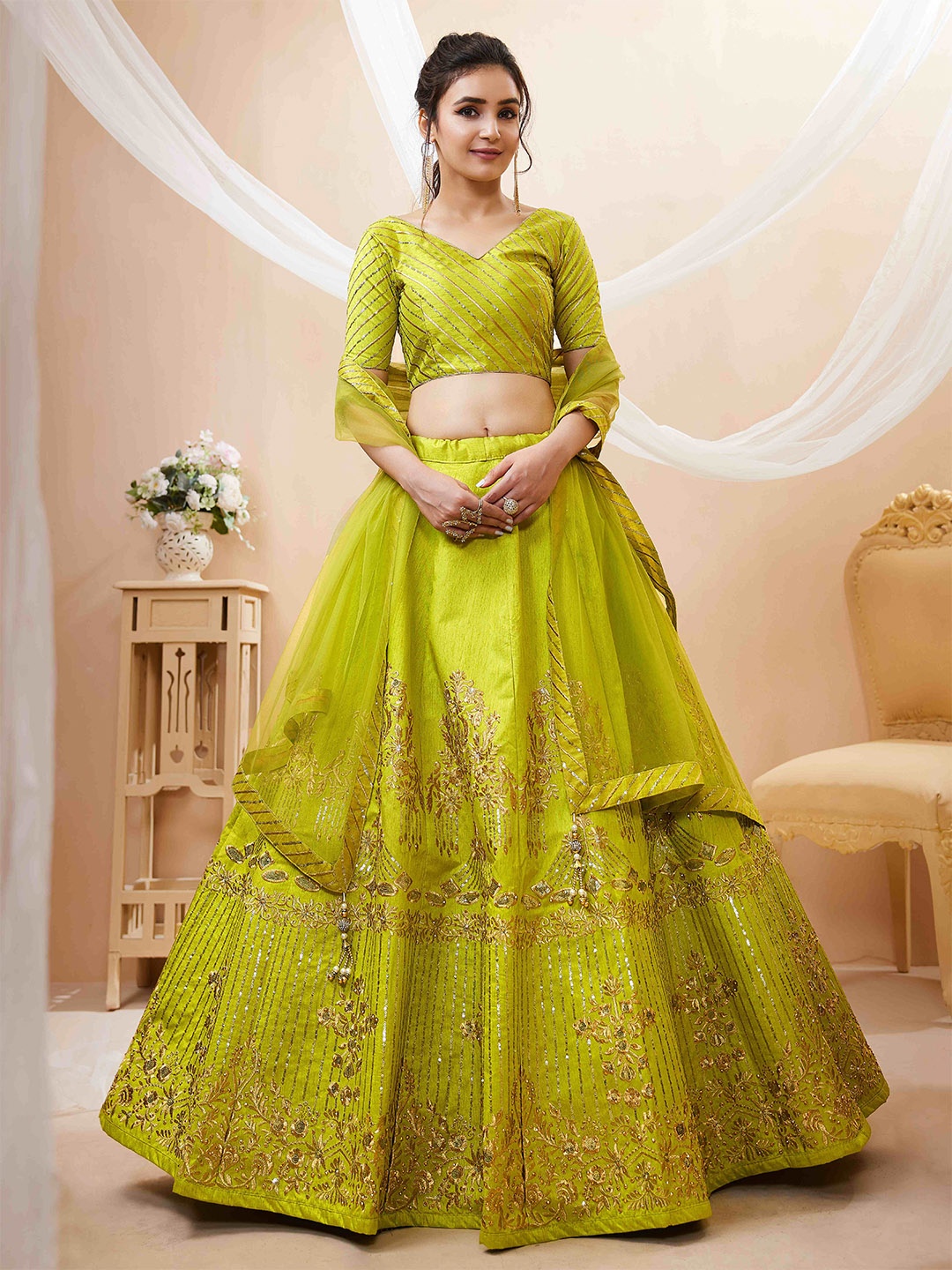 

FABPIXEL Embroidered Sequinned Semi-Stitched Lehenga & Unstitched Blouse With Dupatta, Lime green