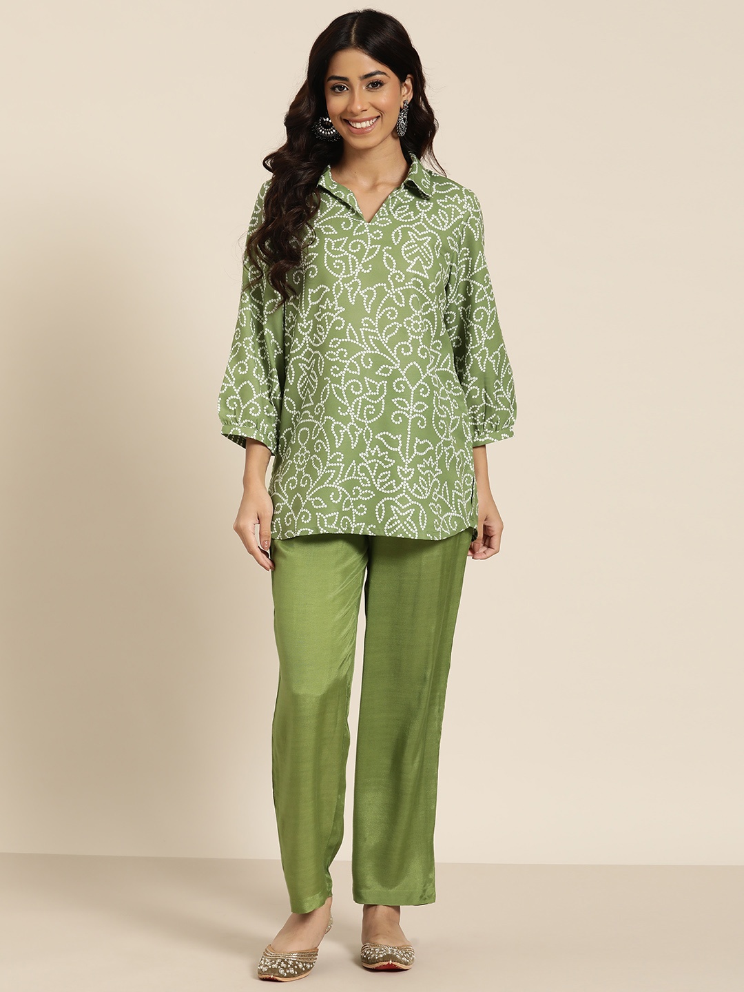 

HERE&NOW Women Printed Top & Trousers Co-Ords Set, Green