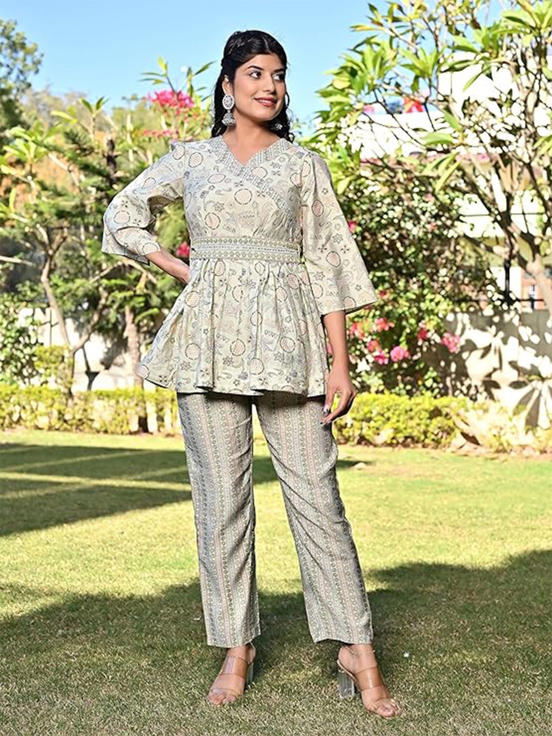 

PUKHYA Ethnic Motifs Printed Flared Sleeves Tunic With Trousers, Green