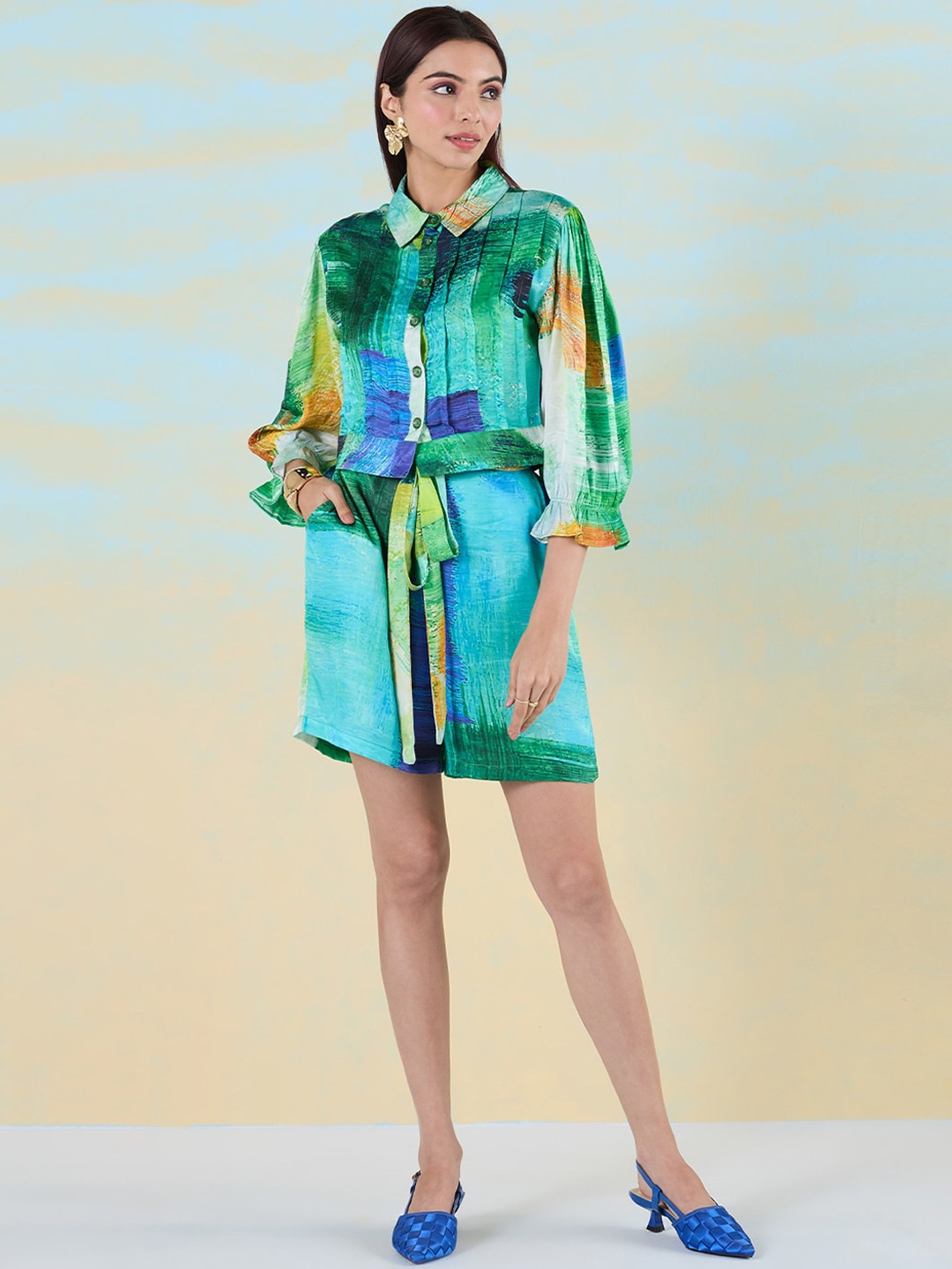 

navyasa by liva Printed Shirt With Shorts Co-Ords, Green