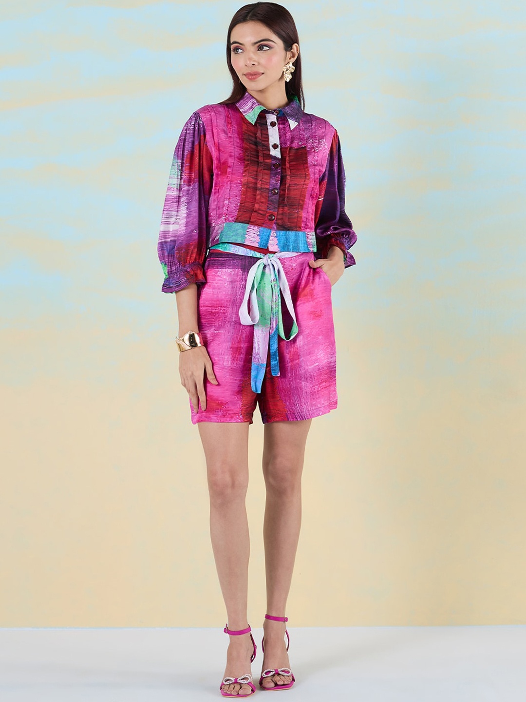 

navyasa by liva Oli Pastel Floral Printed Shirt With Shorts Co-Ords, Pink