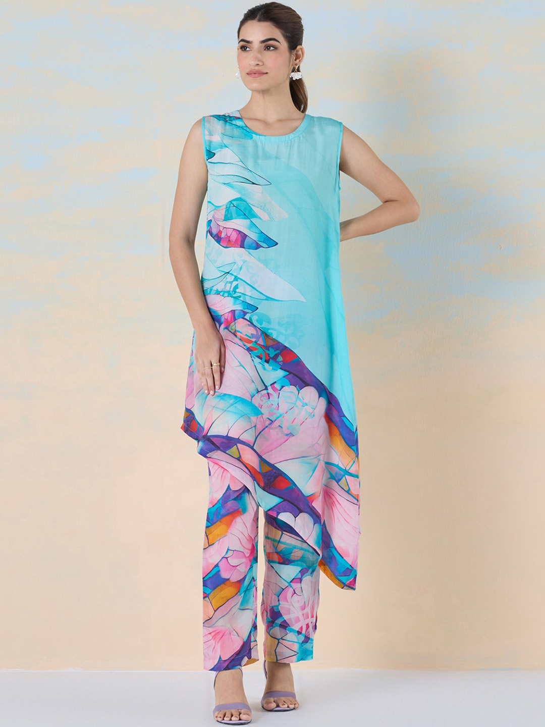 

navyasa by liva Crystal Wave Printed Tunic & Trousers Co-Ords, Blue