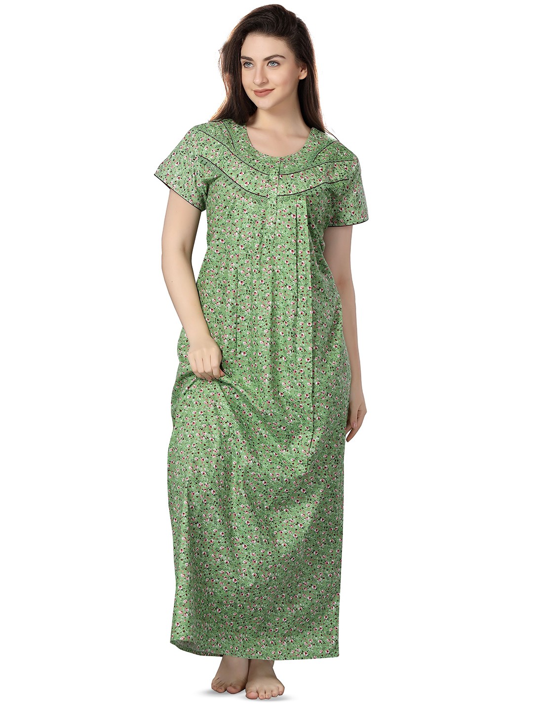 

Soulemo Floral Printed Pure Cotton Maxi Nightdress, Green
