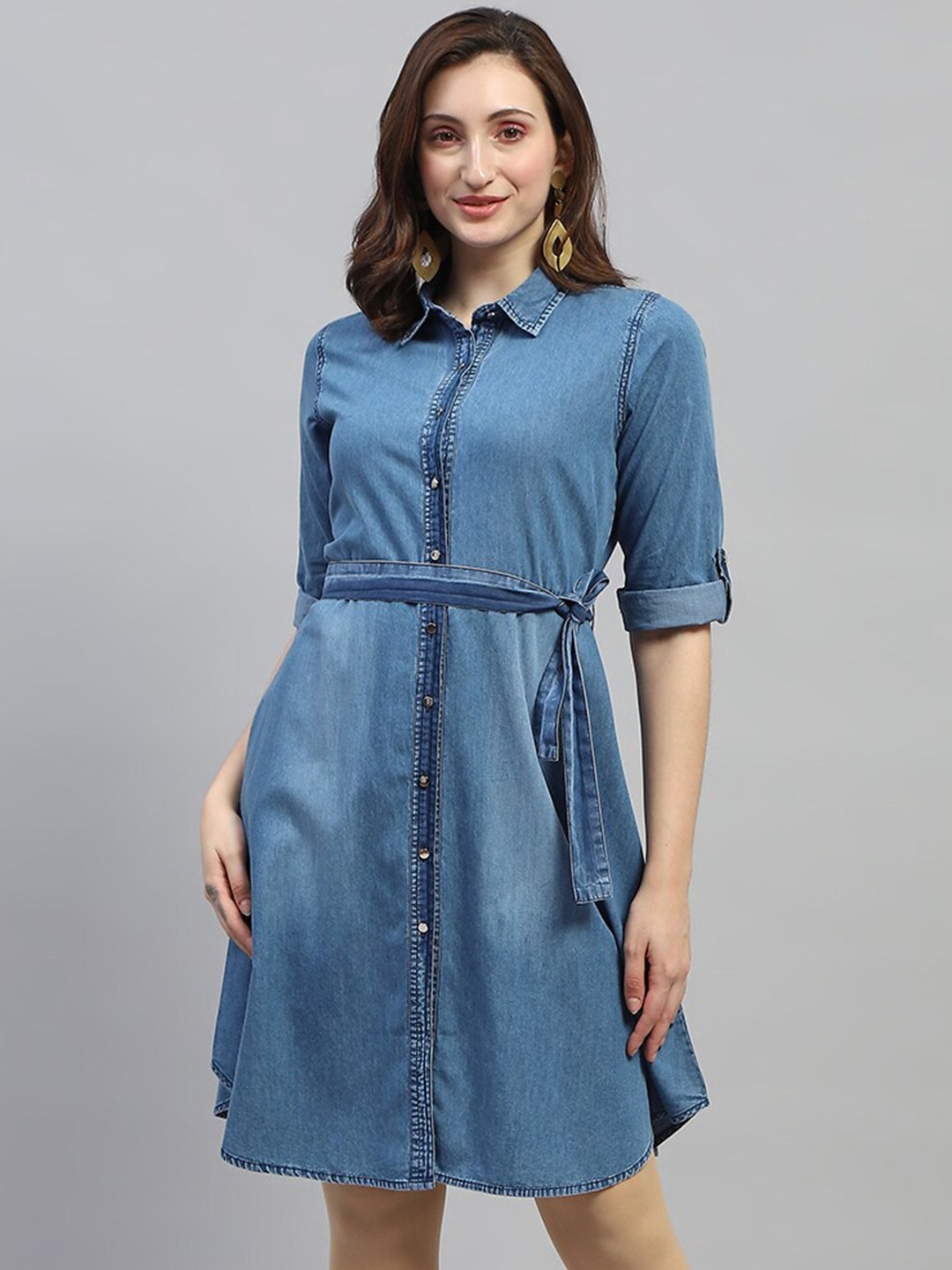

Monte Carlo Shirt Collar Roll-Up Sleeves Shirt Dress, Blue