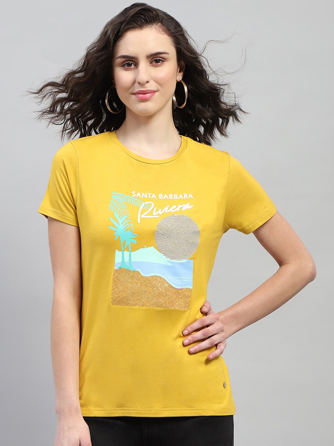 

Monte Carlo Graphic Printed Round Neck Cotton T-shirts, Yellow