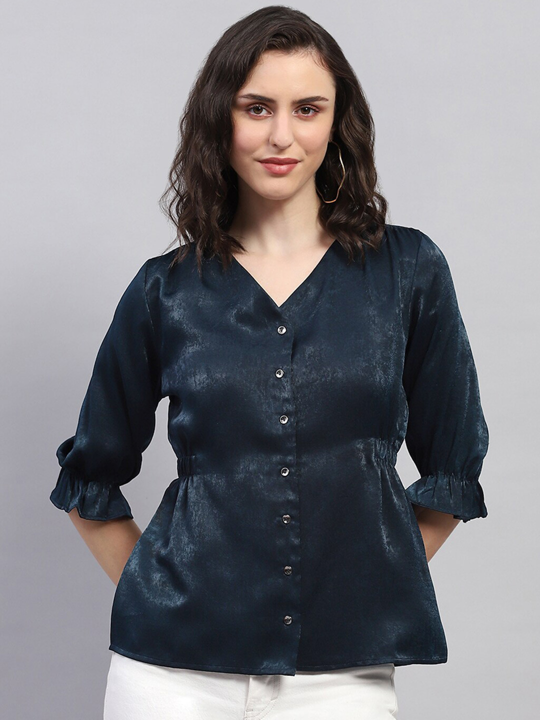 

Monte Carlo V-Neck Puff Sleeves Shirt Style Top, Blue