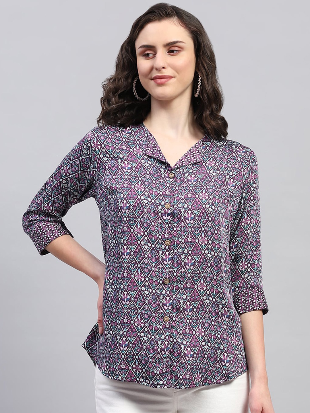 

Monte Carlo Ethnic Motifs Printed Georgette Shirt Style Top, Purple