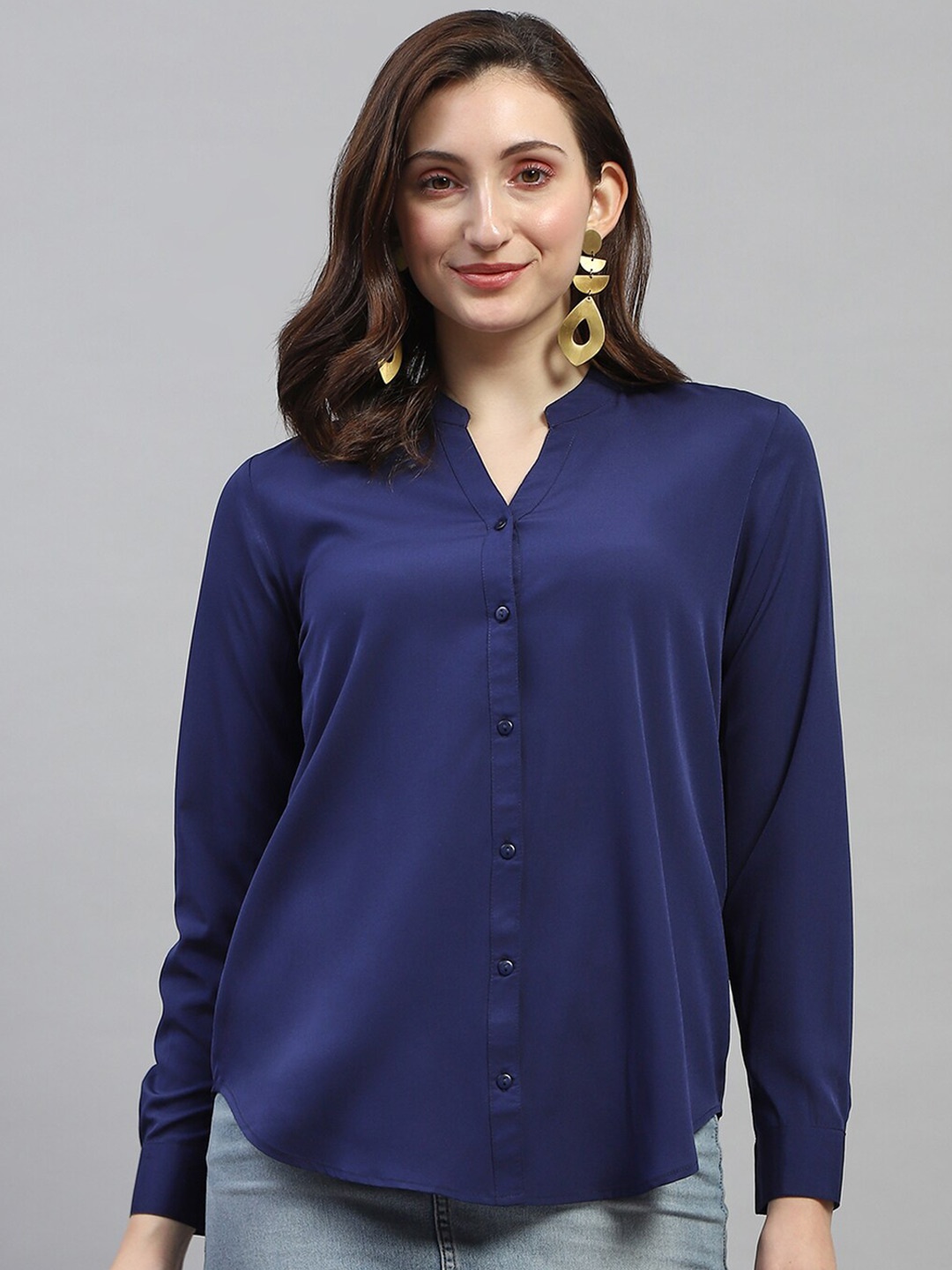 

Monte Carlo Mandarin Collar Georgette Shirt Style Top, Blue