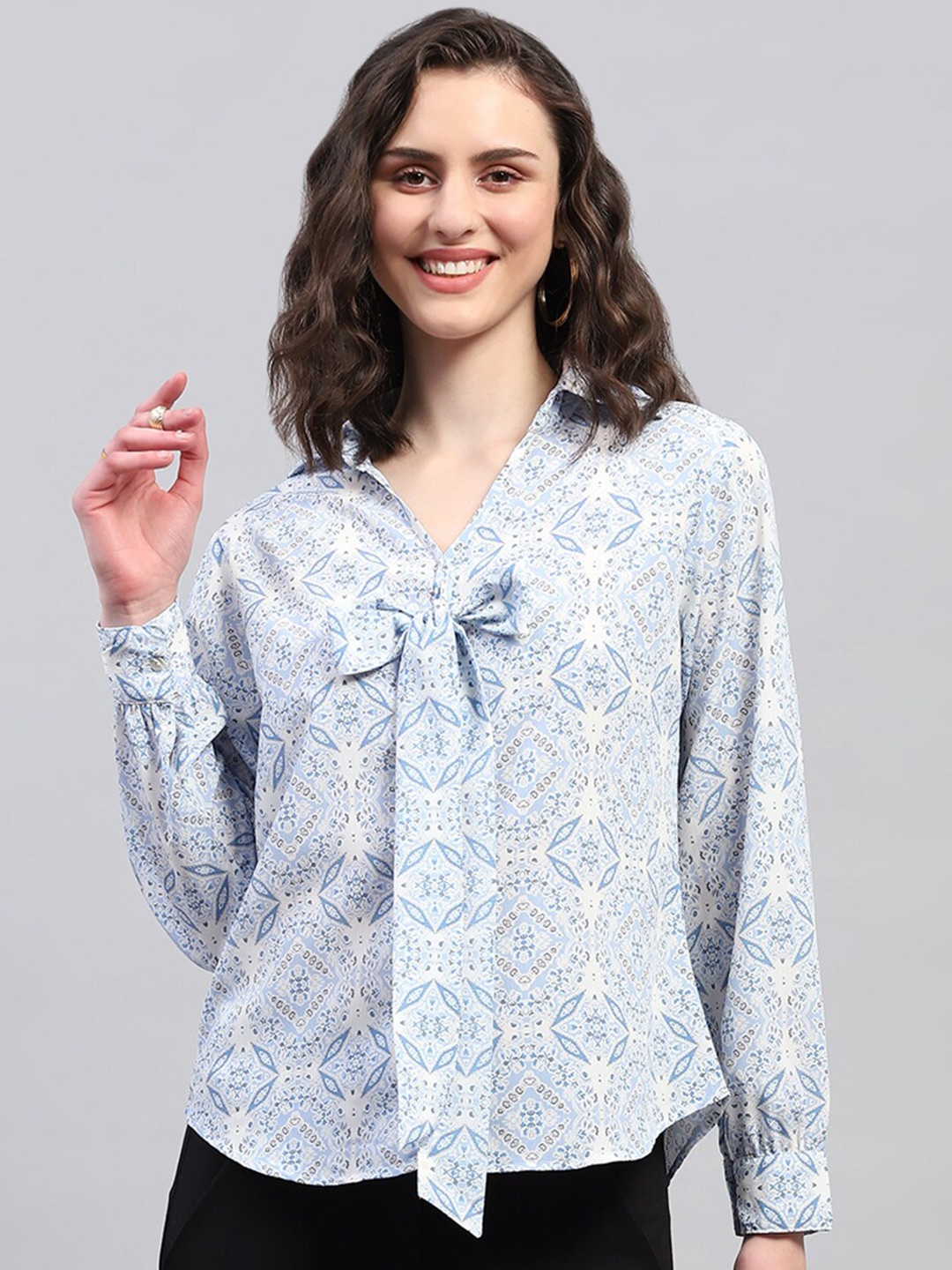 

Monte Carlo Ethnic Motifs Printed Georgette Shirt Style Top, Blue