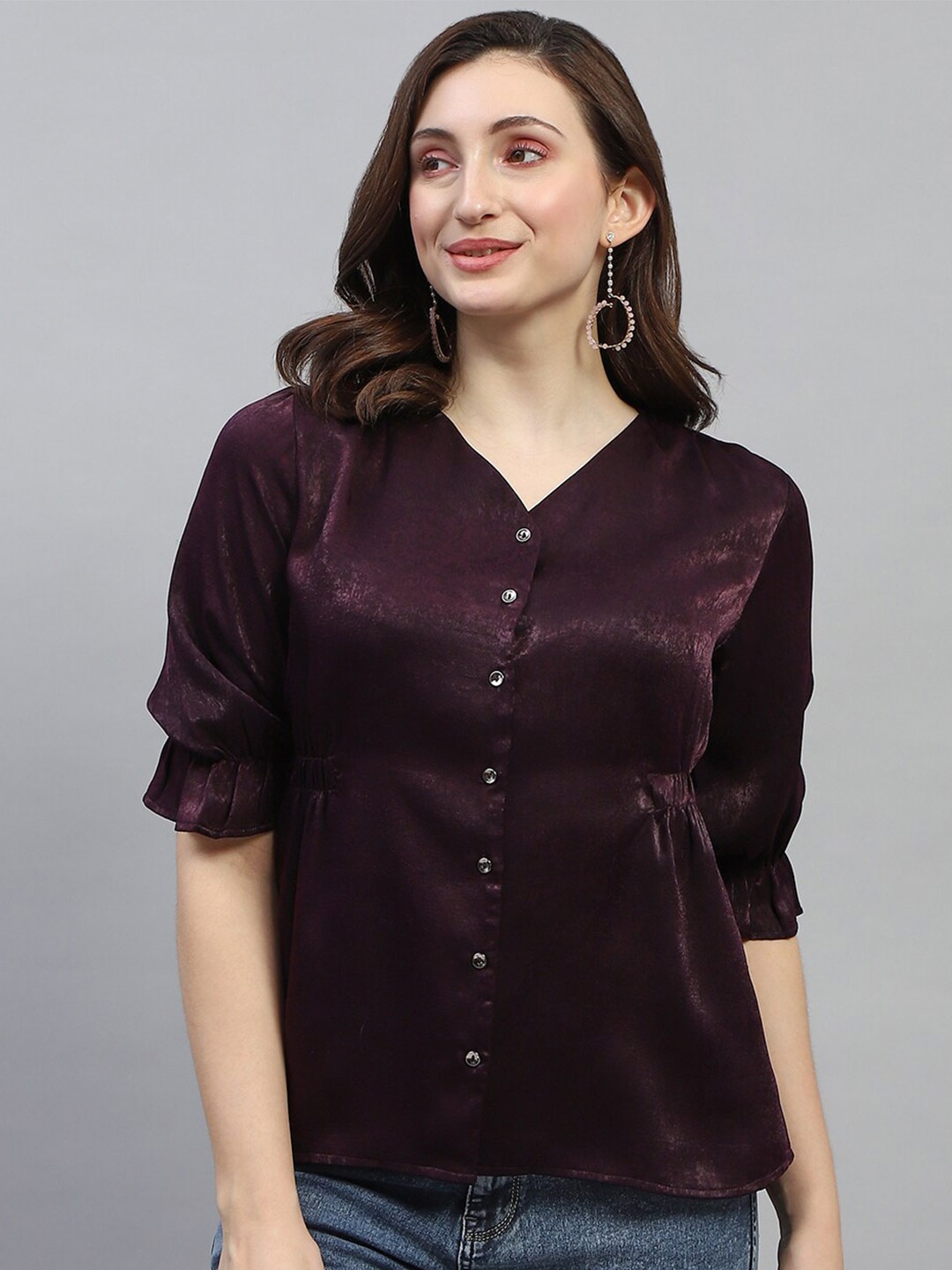 

Monte Carlo V-Neck Puff Sleeve Georgette Shirt Style Top, Purple