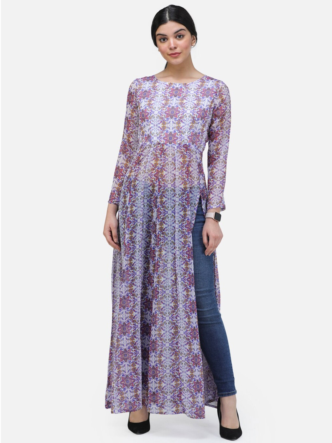 

BAESD Floral Printed High Slit A-Line Kurta, White