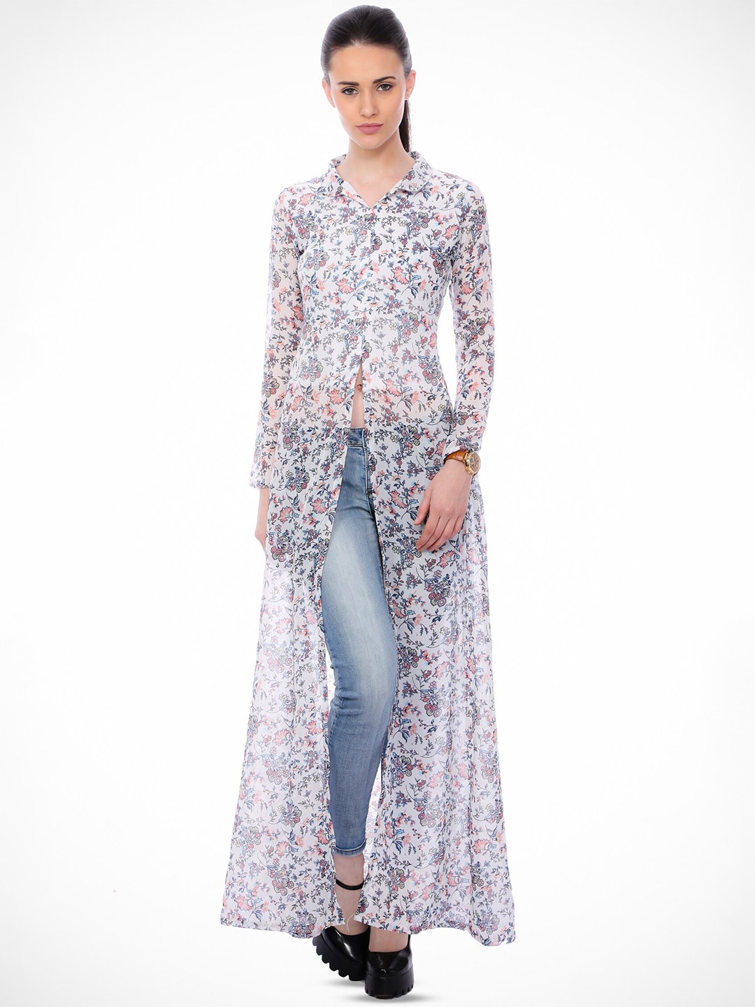 

BAESD Floral Print Georgette Maxi Longline Top, White