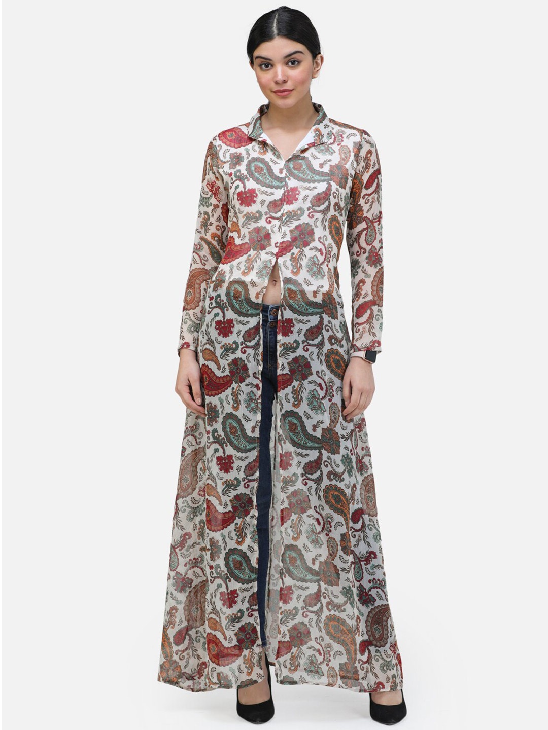 

BAESD Ethnic Motifs Printed Shirt Collar Front Slit Longline Tunic, White