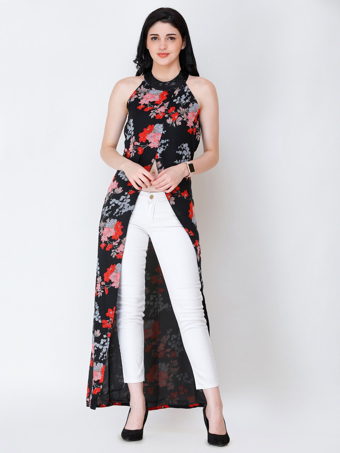 

BAESD Floral Printed Sleeveless Front Slit Longline Tunic, Black
