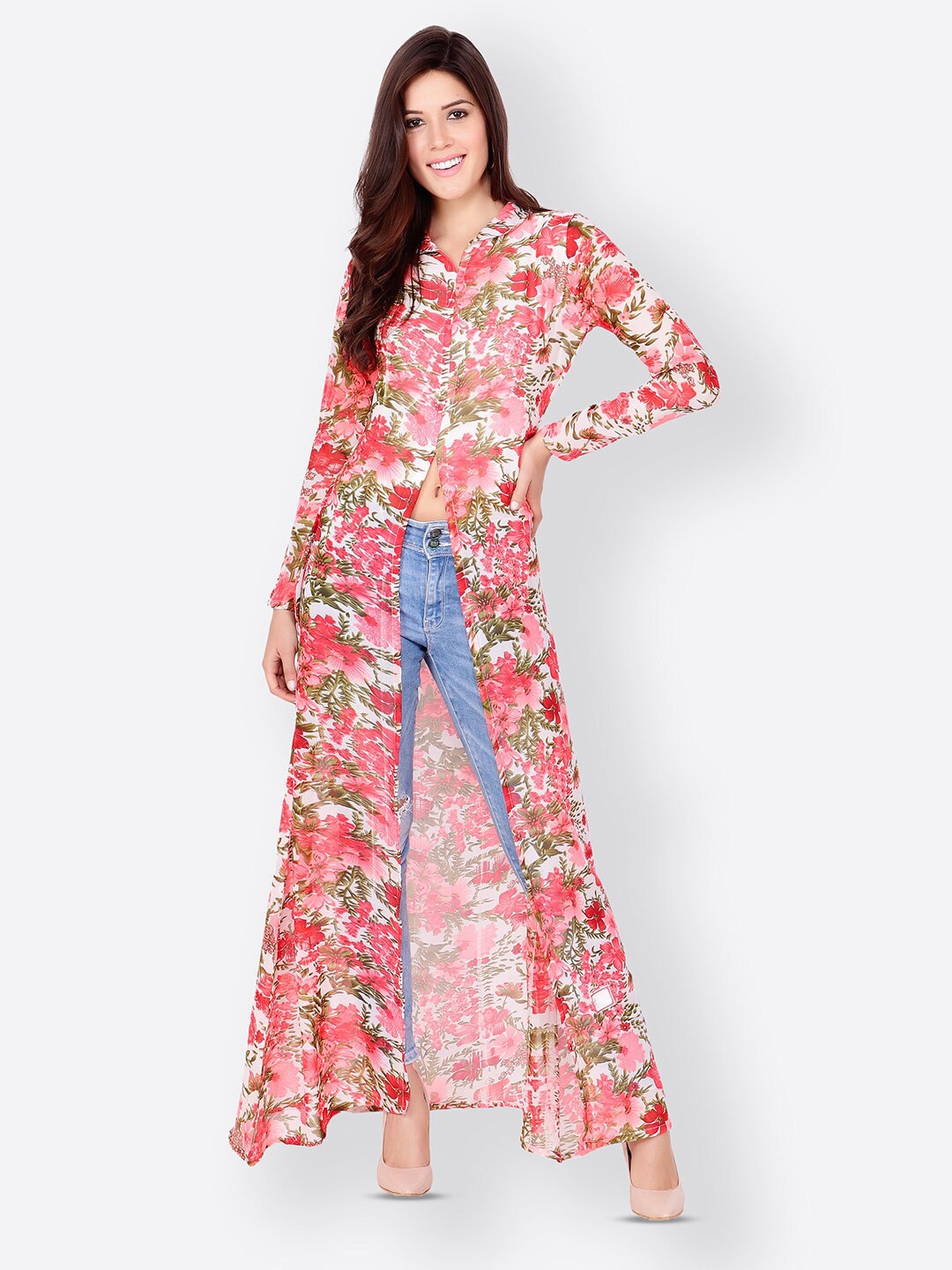 

BAESD Floral Printed Shirt Collar Longline Tunic, Orange