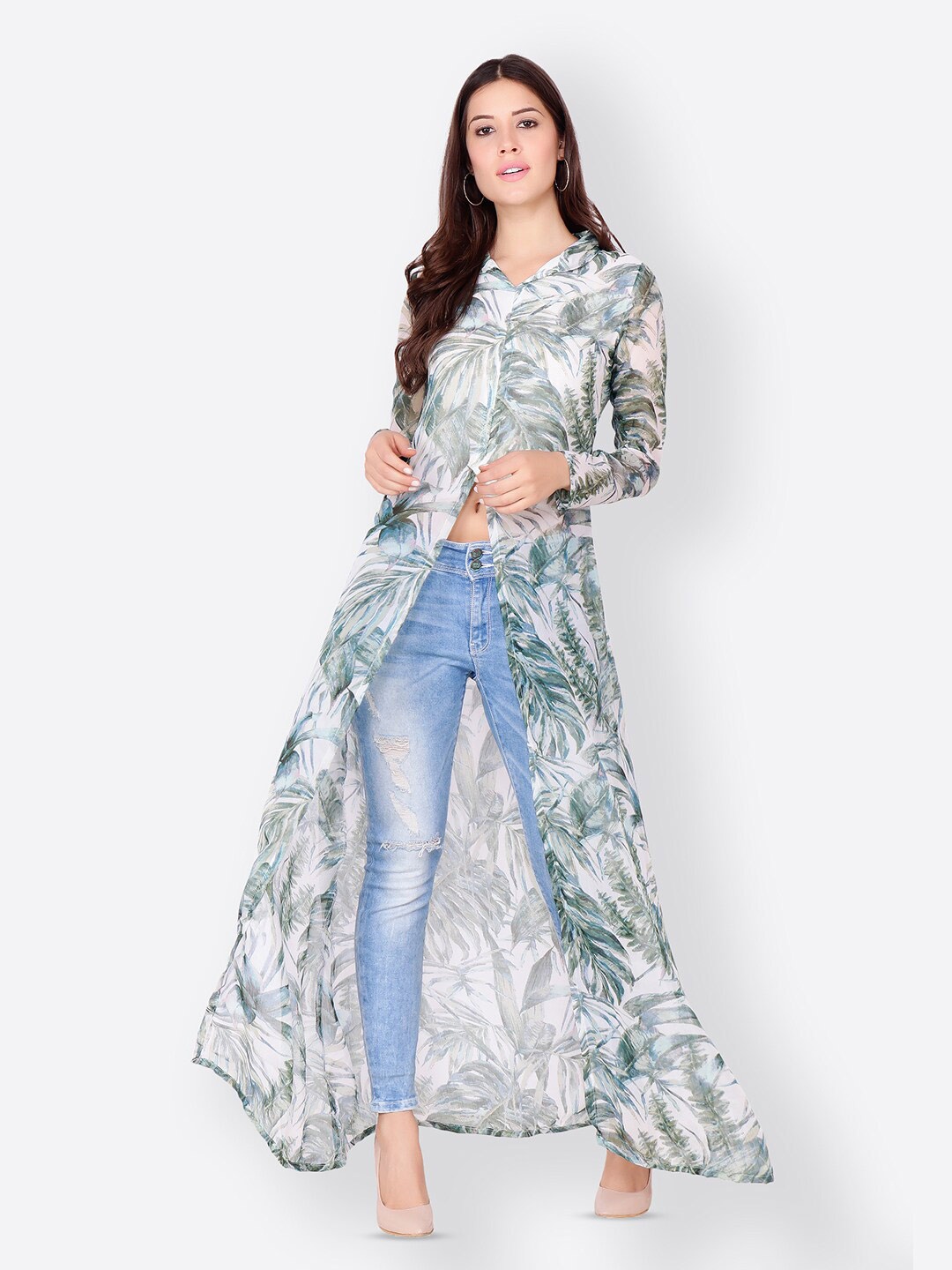 

BAESD Tropical Printed Mandarin Collar Tropical Chiffon Maxi Longline Top, White
