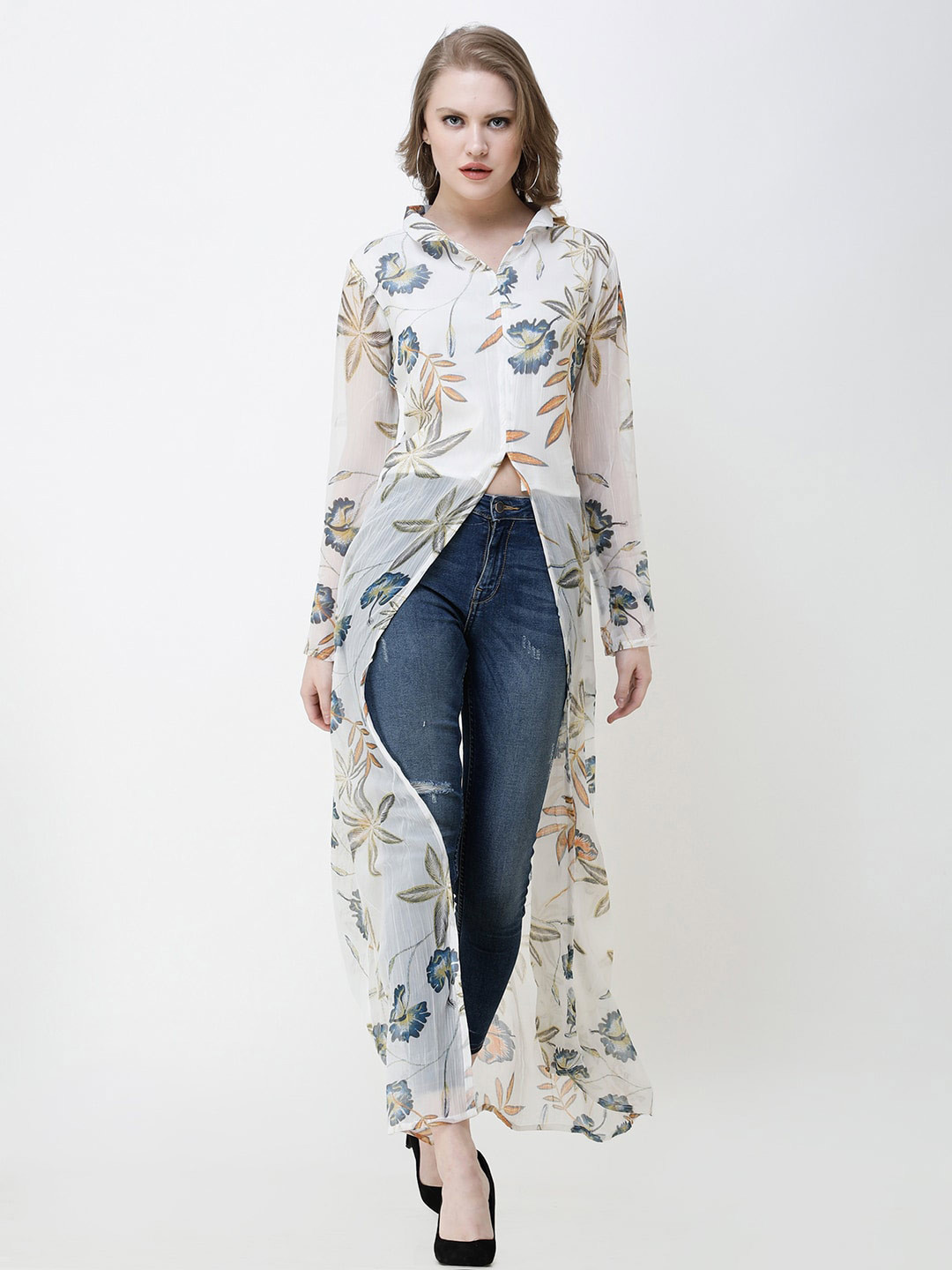 

BAESD Floral Print Chiffon Maxi Longline Top, White