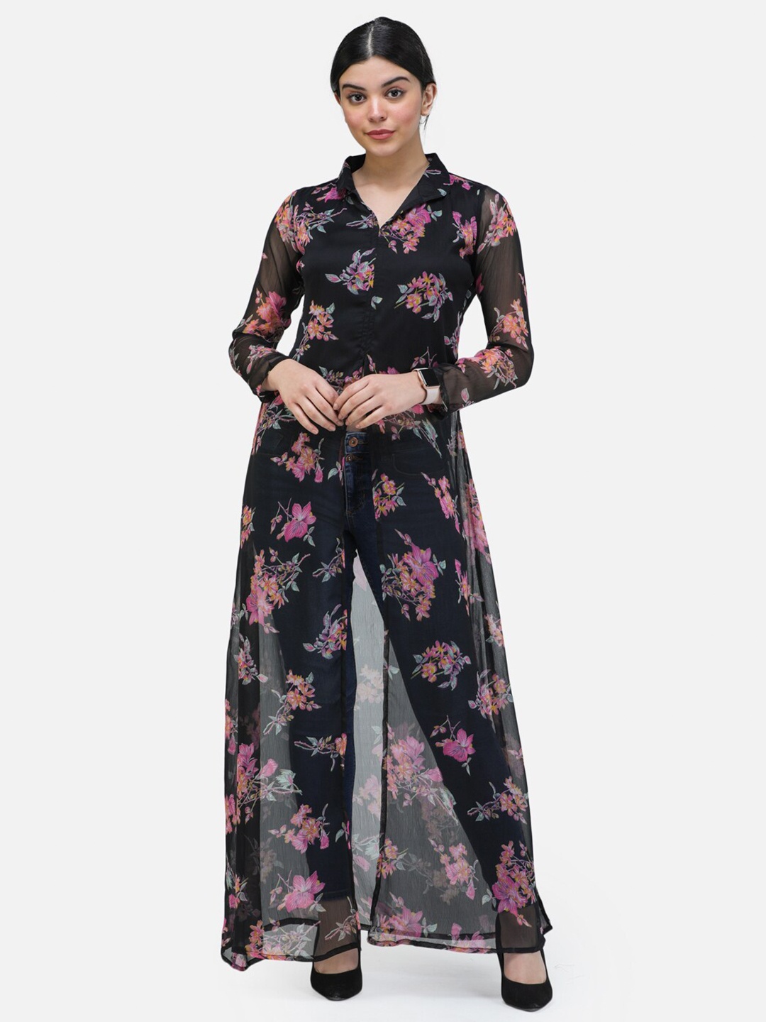 

BAESD Floral Printed Shirt Collar Long Sleeves Chiffon Maxi Longline Top, Black
