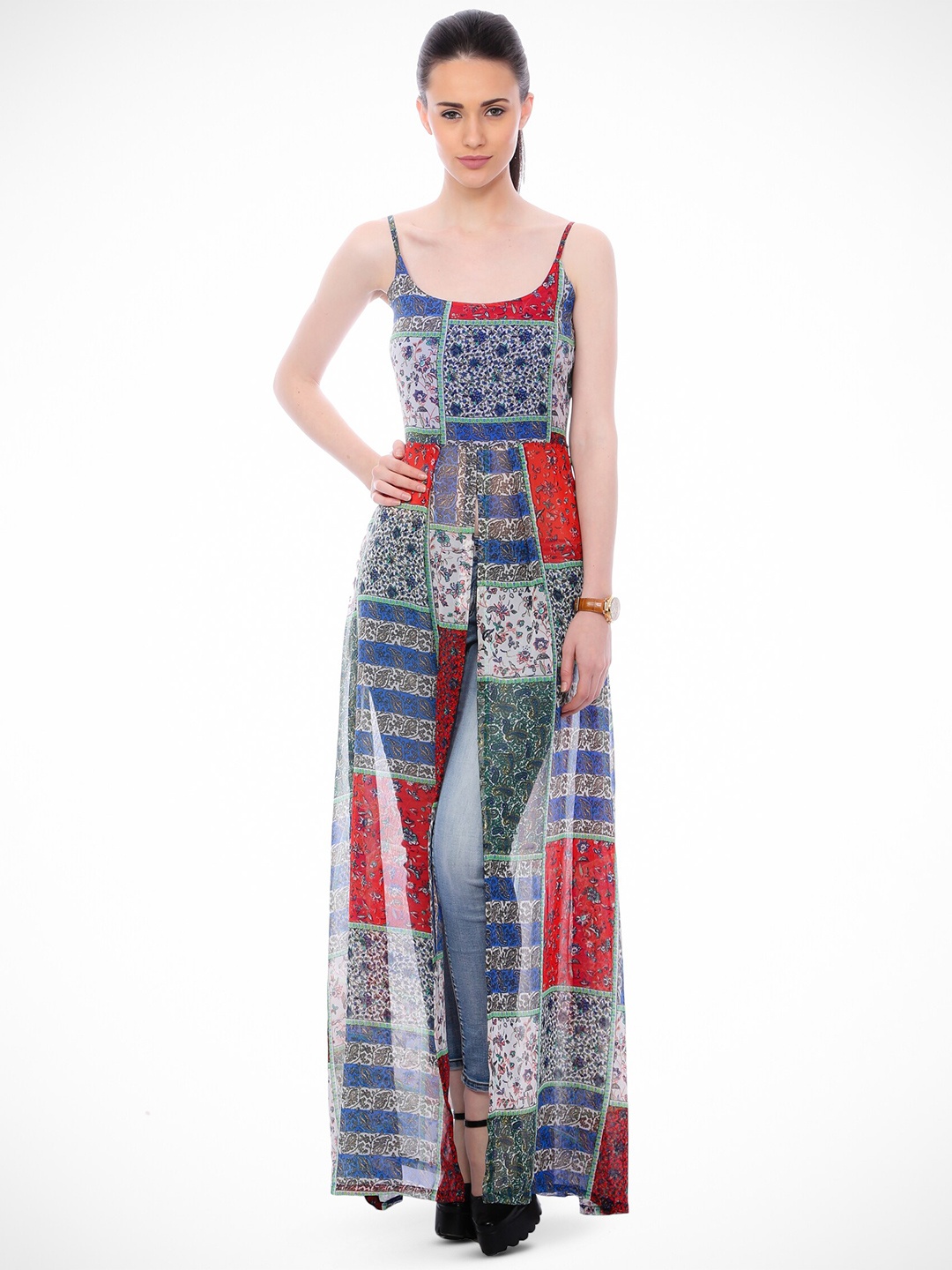 

BAESD Ethnic Motifs Printed Sleeveless Front Slit Longline Tunic, Red