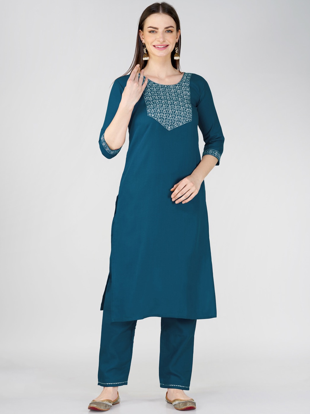 

ARADHNA Ethnic Motifs Yoke Design Regular Sequinned Kurta with Trousers, Blue