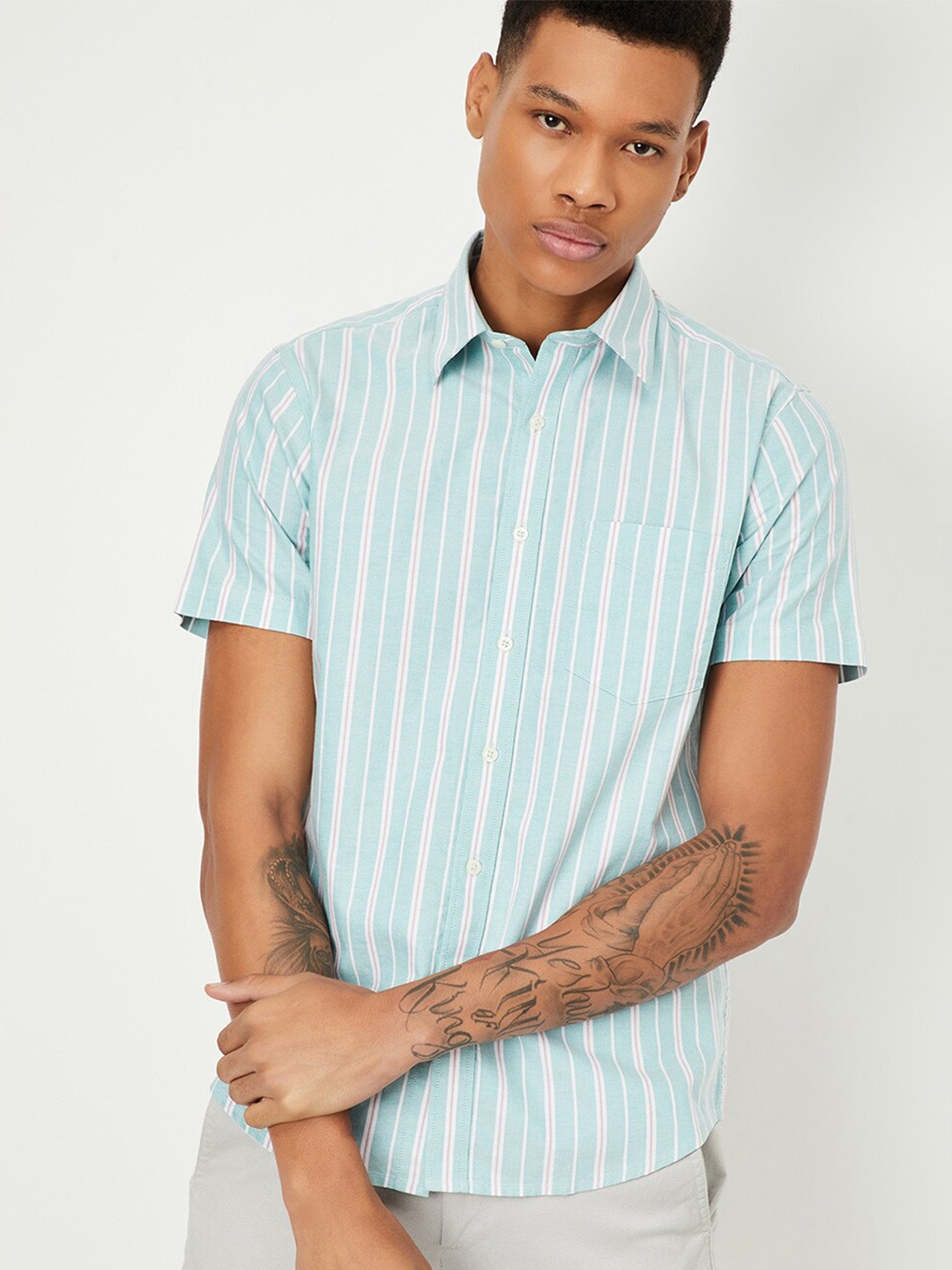 

max Striped Spread Collar Short Sleeves Opaque Cotton Casual Shirt, Green