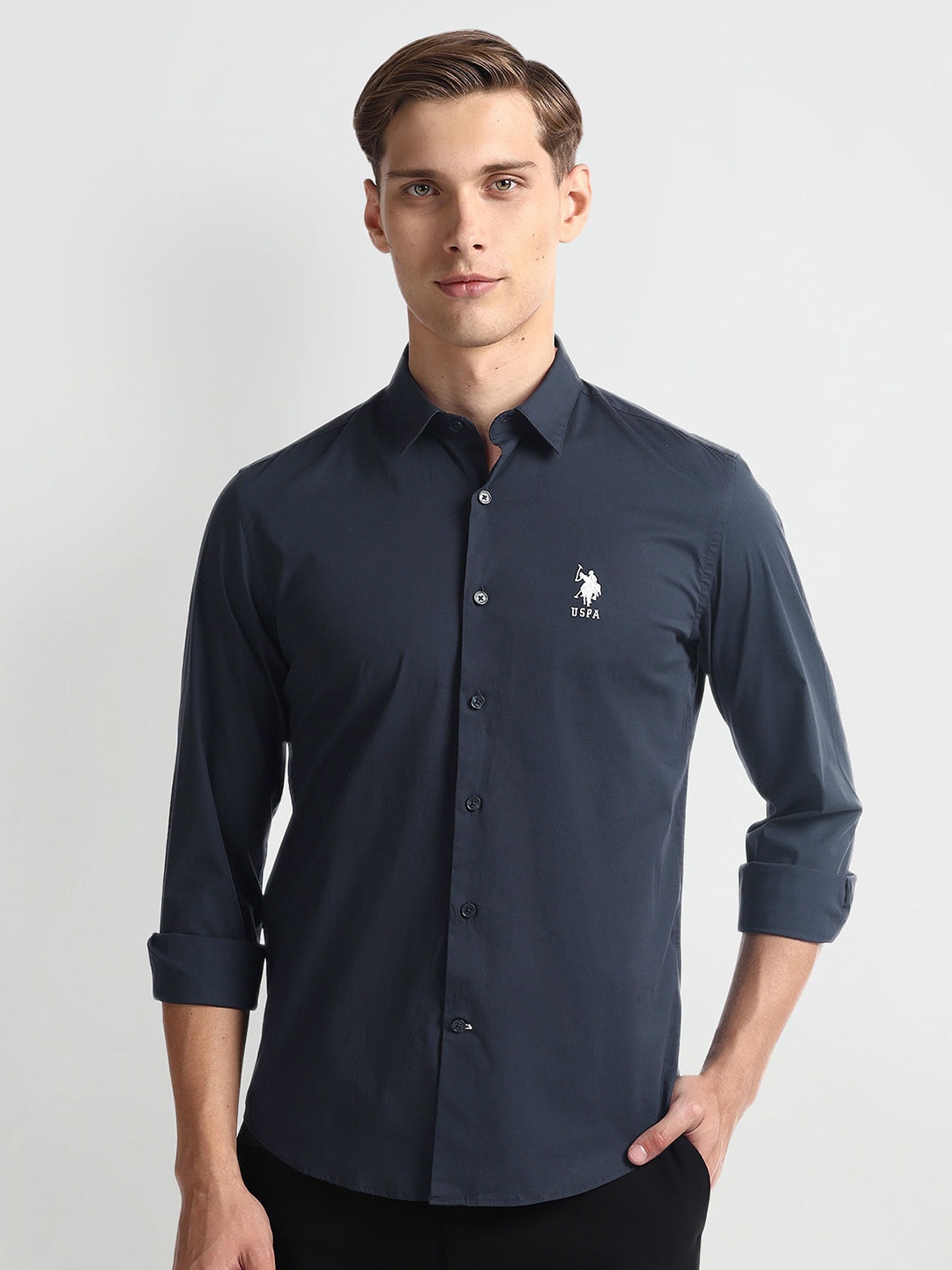 

U.S. Polo Assn. Denim Co. Slim Fit Cutaway Collar Opaque Cotton Casual Shirt, Blue