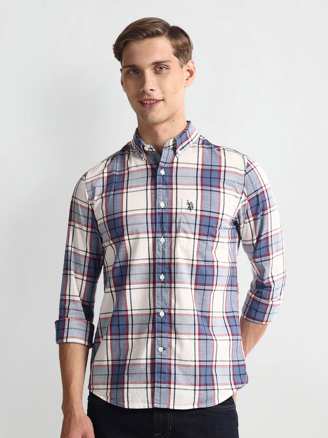 

U.S. Polo Assn. Denim Co. Slim Fit Tartan Checks Opaque Casual Shirt, Blue