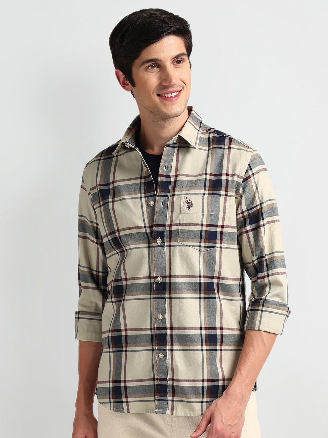 

U.S. Polo Assn. Denim Co. Slim Fit Tartan Checks Casual Shirt, Beige