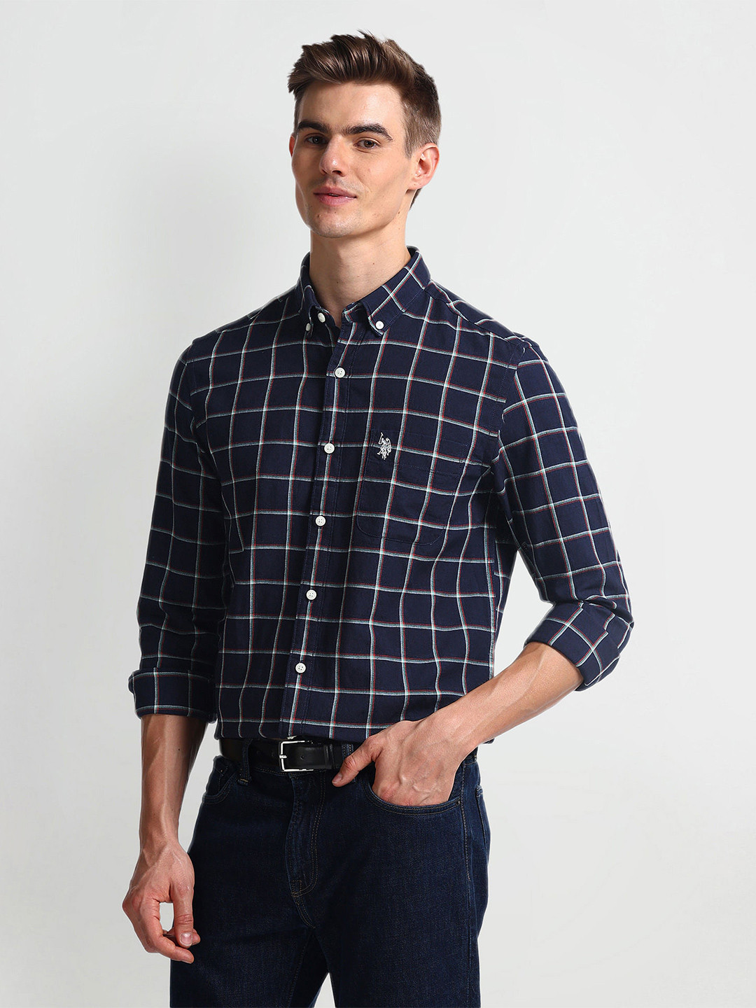 

U.S. Polo Assn. Denim Co. Slim Fit Windowpane Checks Opaque Checked Casual Shirt, Blue