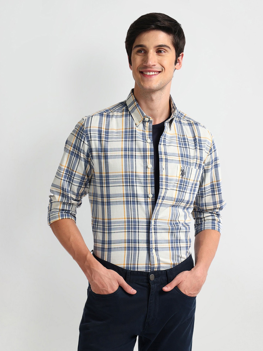 

U.S. Polo Assn. Denim Co.Tartan Checks Spread Collar Tailored Fit Cotton Casual Shirt, White