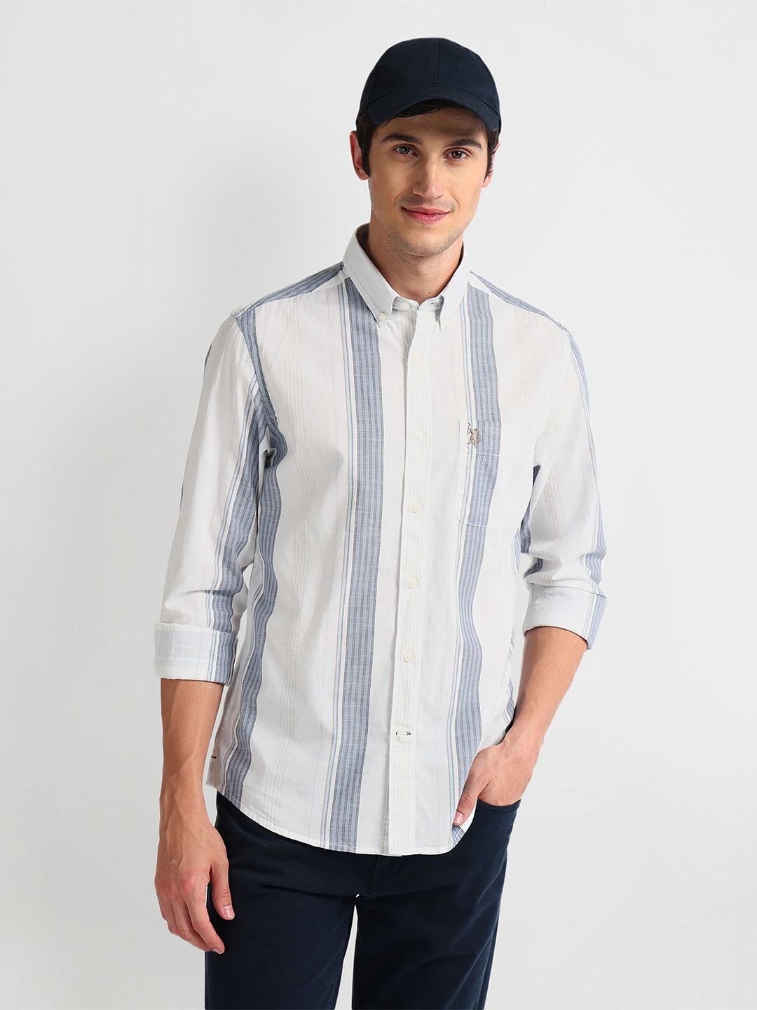 

U.S. Polo Assn. Denim Co. Spread Collar Vertical Stripes Tailored Fit Cotton Casual Shirt, White