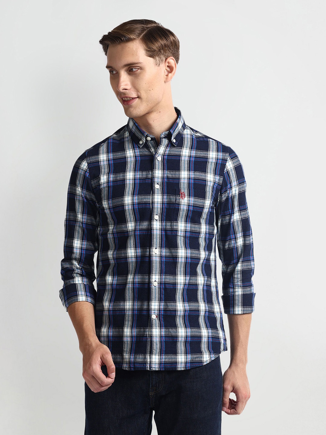 

U.S. Polo Assn. Denim Co. Slim Fit Tartan Checks Cotton Casual Shirt, Blue