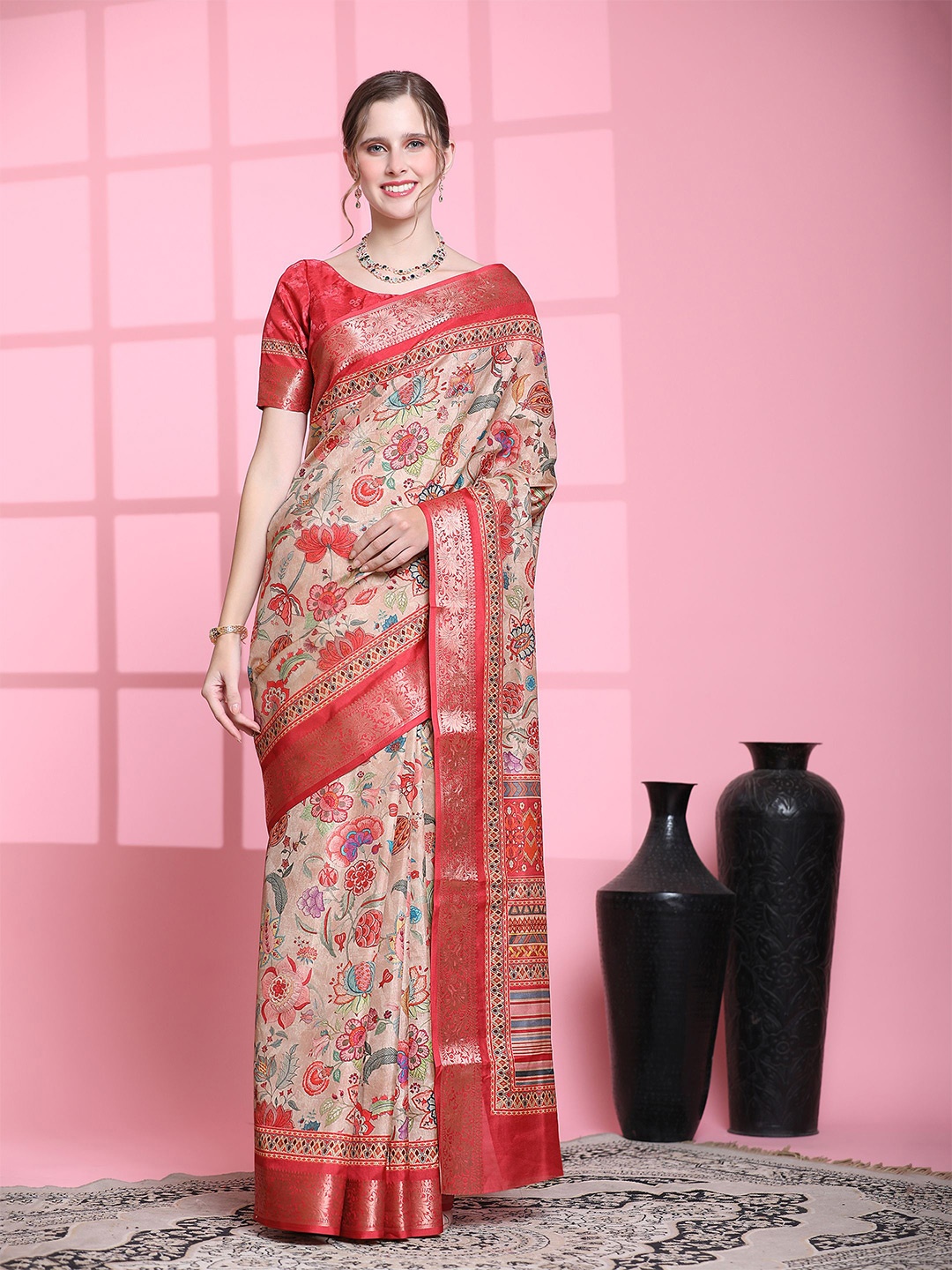 

PRATIBIMB Floral Printed Zari Pure Silk Saree, Red