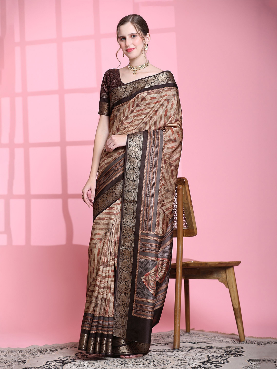 

PRATIBIMB Polka Dot Zari Pure Silk Saree, Brown