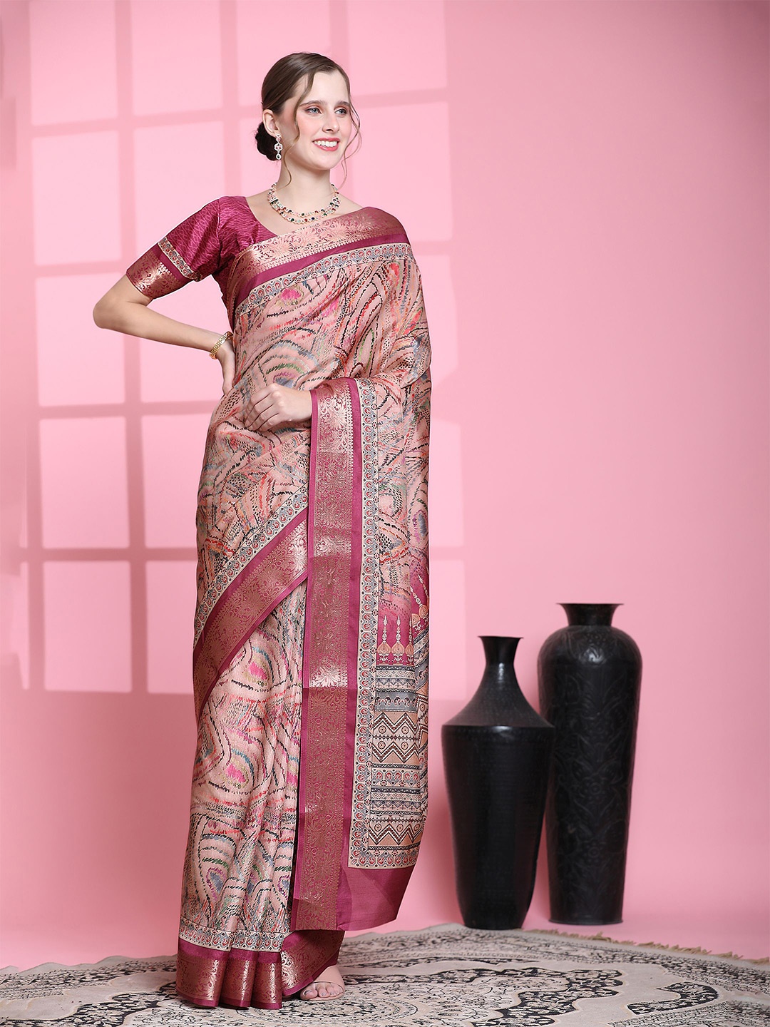 

PRATIBIMB Zari Pure Silk Saree, Pink