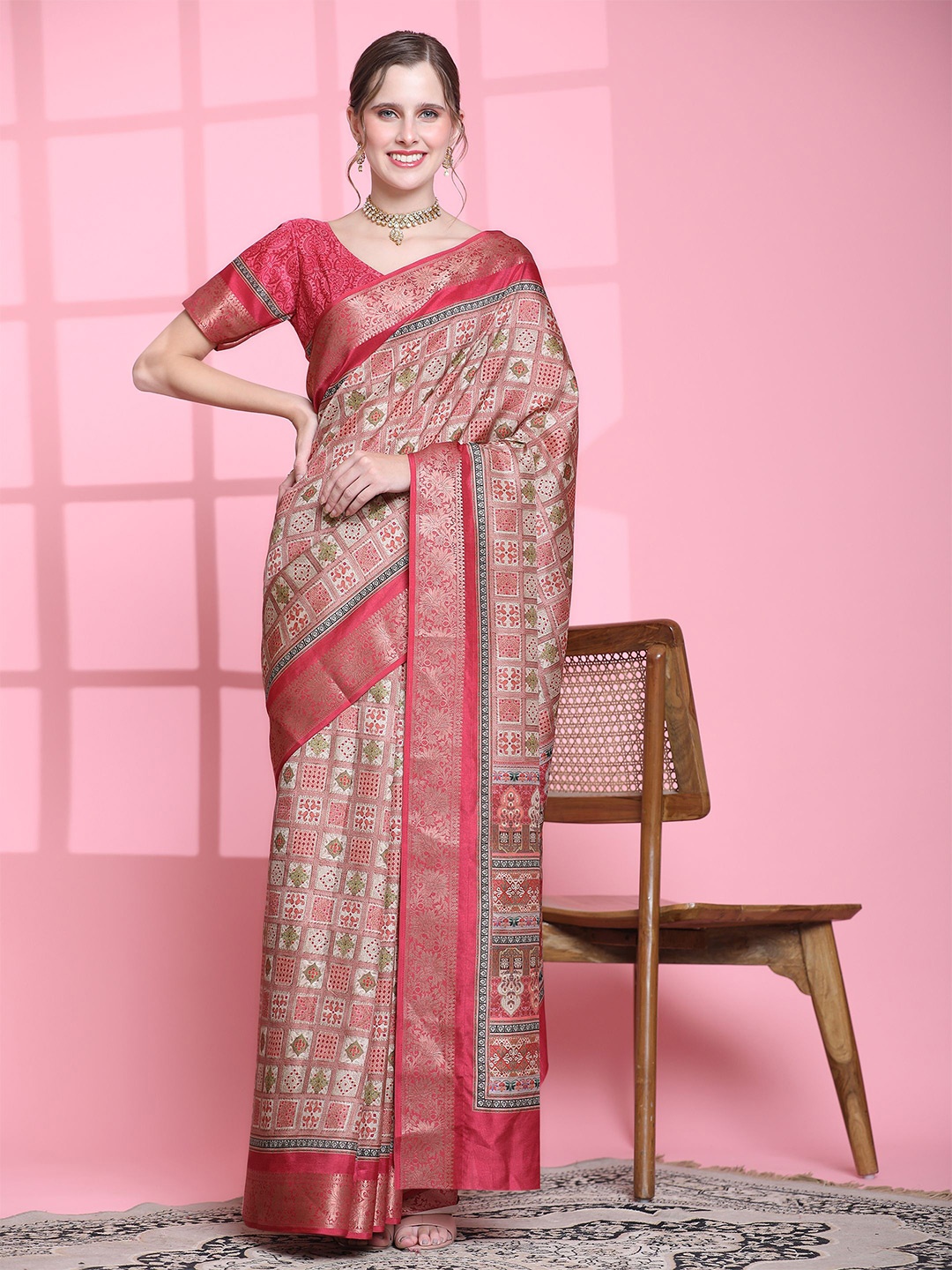 

PRATIBIMB Floral Zari Pure Silk Saree, Pink