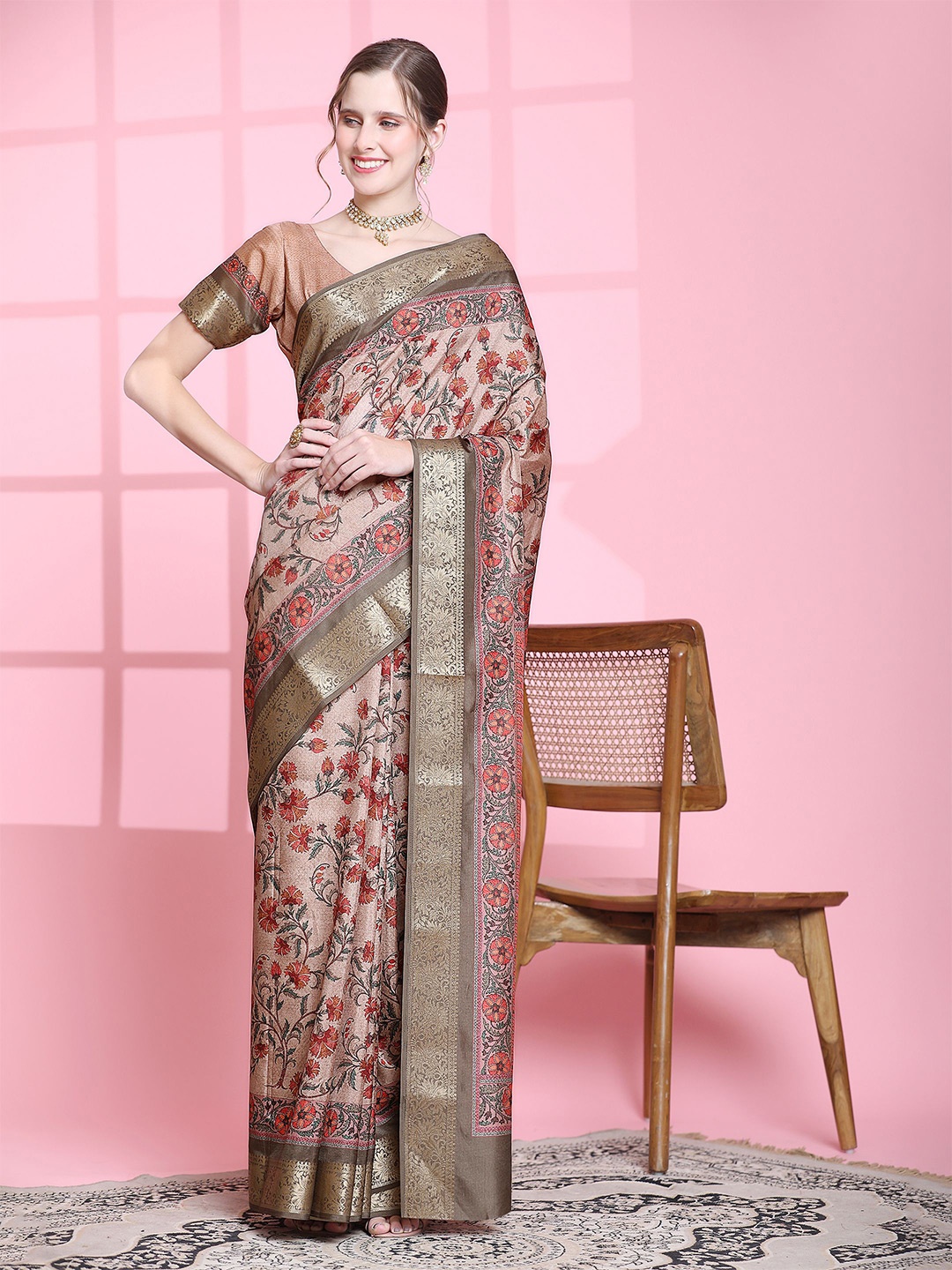 

PRATIBIMB Floral Printed Zari Pure Silk Saree, Pink