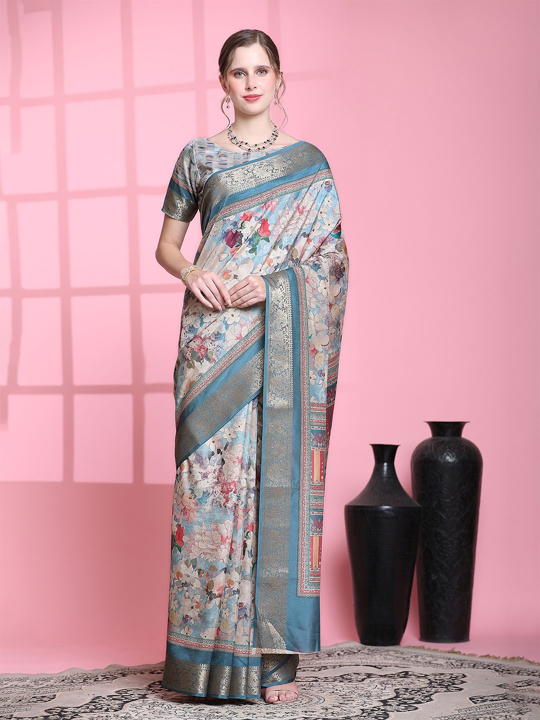 

PRATIBIMB Floral Printed Zari Pure Silk Saree, Grey