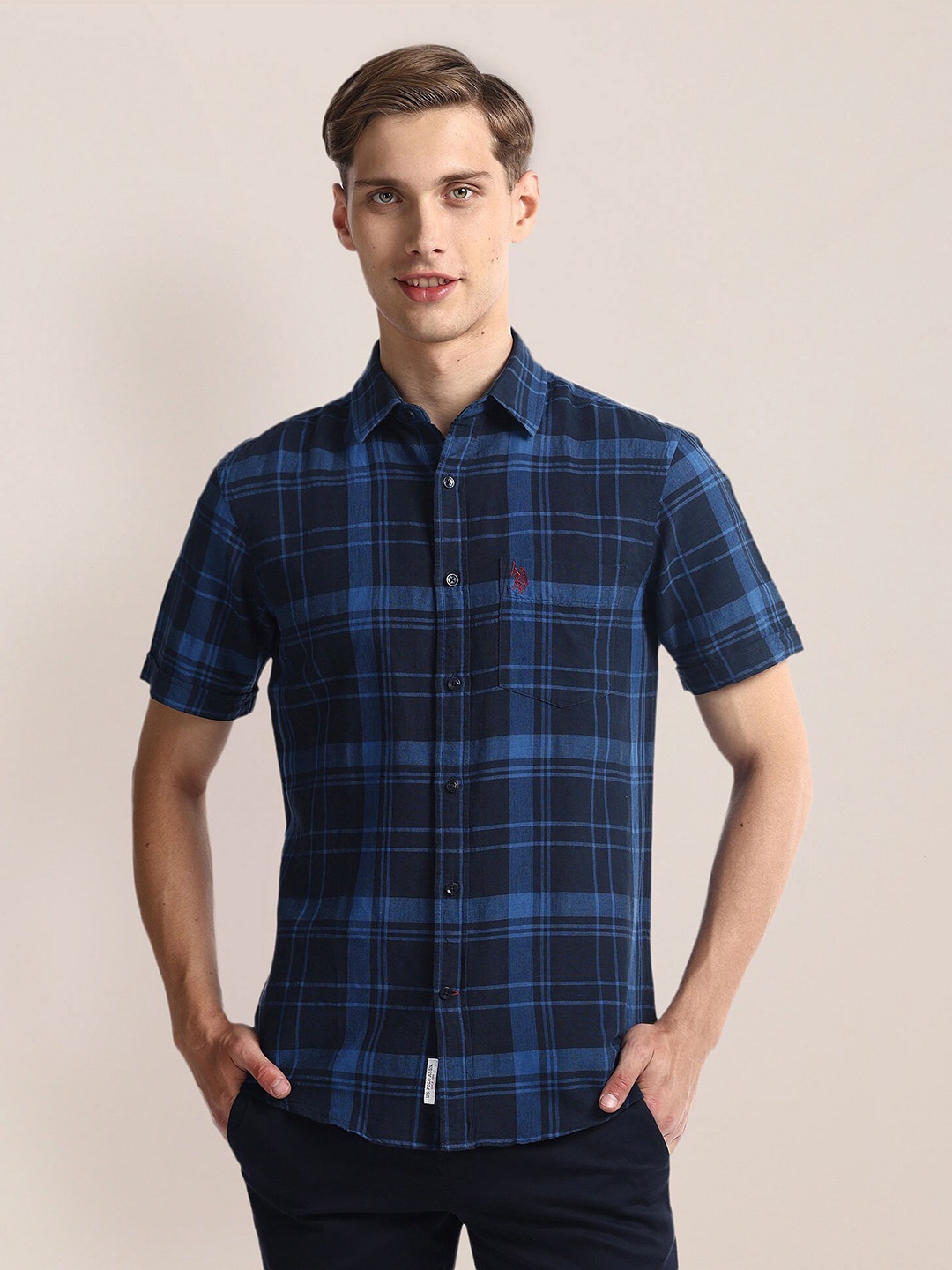 

U.S. Polo Assn. Spread Collar Tartan Checks Opaque Checked Casual Shirt, Blue