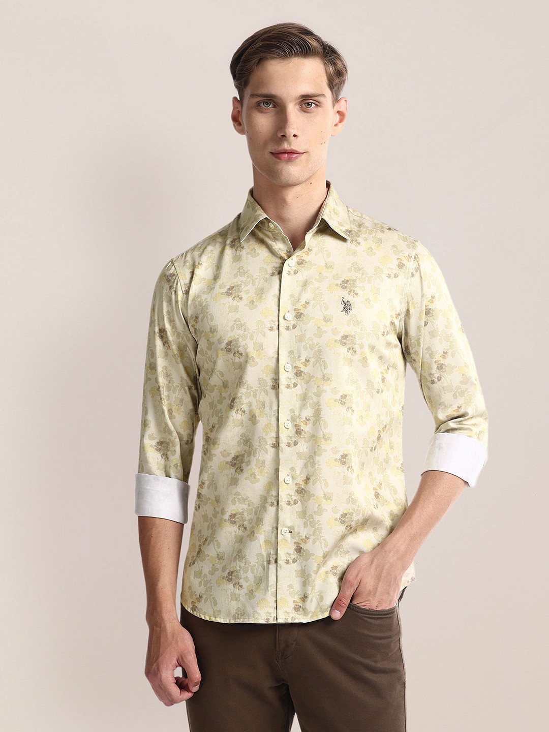 

U.S. Polo Assn. Regular Fit Long Sleeves Spread Collar Floral Opaque Printed Casual Shirt, Beige