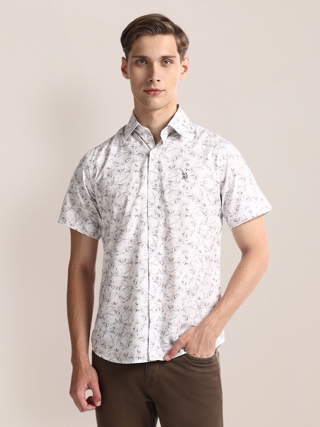 

U.S. Polo Assn. Floral Printed Spread Collar Casual Shirt, White