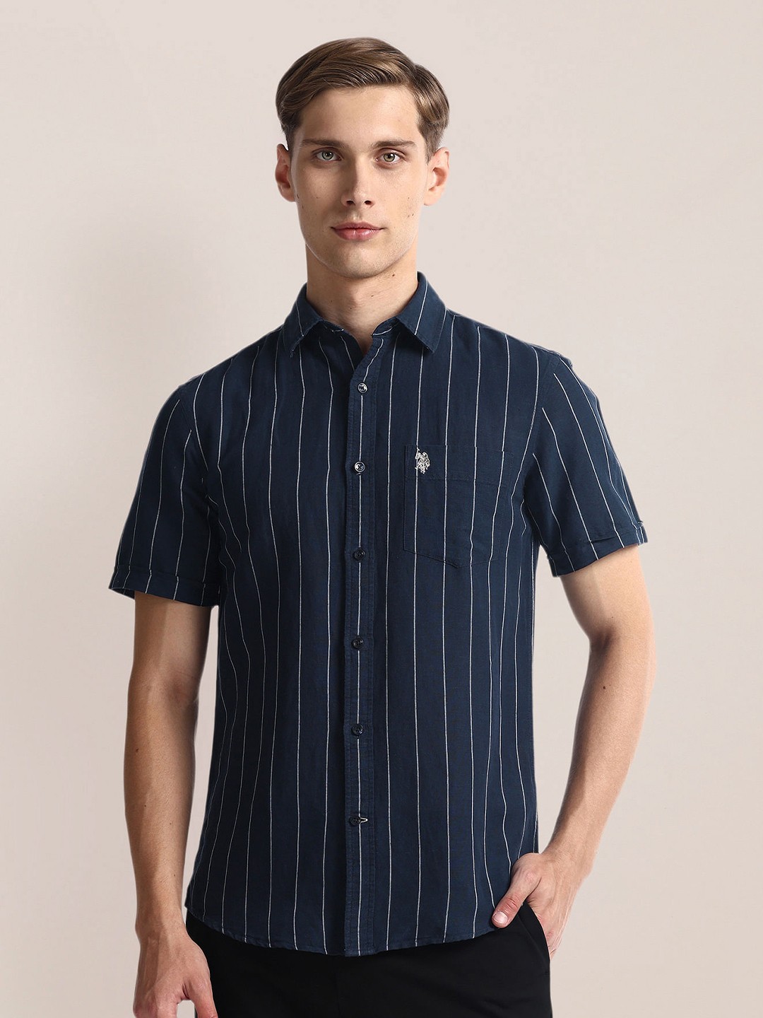 

U.S. Polo Assn. Regular Fit Short Sleeves Spread Collar Linen Opaque Striped Casual Shirt, Blue