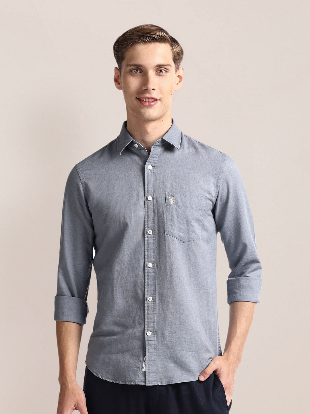 

U.S. Polo Assn. Regular Fit Long Sleeves Spread Collar Linen Opaque Checked Casual Shirt, Grey